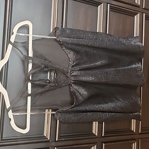 Hummingbird Lace Trimmed Black Satin Sleeveless Top - Size Medium